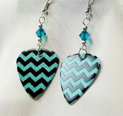Turquoise and Black Chevron Guitar Pick Earrings with Swarovski Crystals