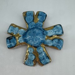 1960s Garon Jamaica Brooch Artisan Handmade Turquoise and Gold Cross Clay