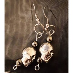 Silver Skull Earrings, Silver skulls and hematite dangle earrings