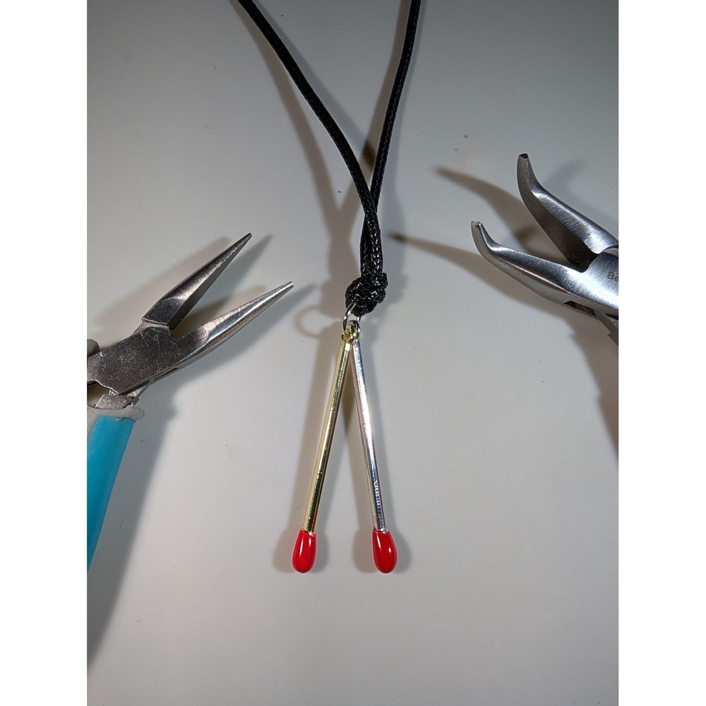Handmade Matchstick Pendant Necklace Adjustable Black Cord Two Matches Red Tips