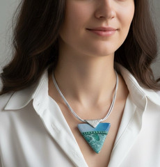 Handmade White Blue & Green Polymer Clay Large Pendant Necklace 18″ on Cord SS