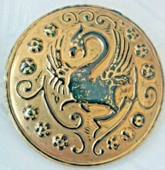 Fantastic PHOENIX Bimini Orplid Hand made Gold Green Glass Brooch Button England