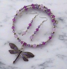Handcrafted Purple Silver Beaded Memory Wire Dragonfly Choker Earring Set