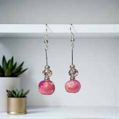 Earrings: 2in Multicolor Pink Polymer Clay Pale Pink Crystal Cut Glass Dangle