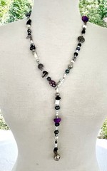 BOHO Beaded Lariat Necklace Hand-Crafted Art Glass Semi-Precious Stones Pearl