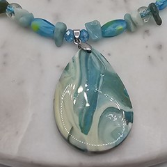 Handmade Blue Swirl Teardrop Pendant Beaded Necklace Silver Tone Artisan Enamel