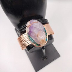 Rose Gold Plated Cuff Bracelet w Raw Amethyst, Chrysocolla n Aquamarine
