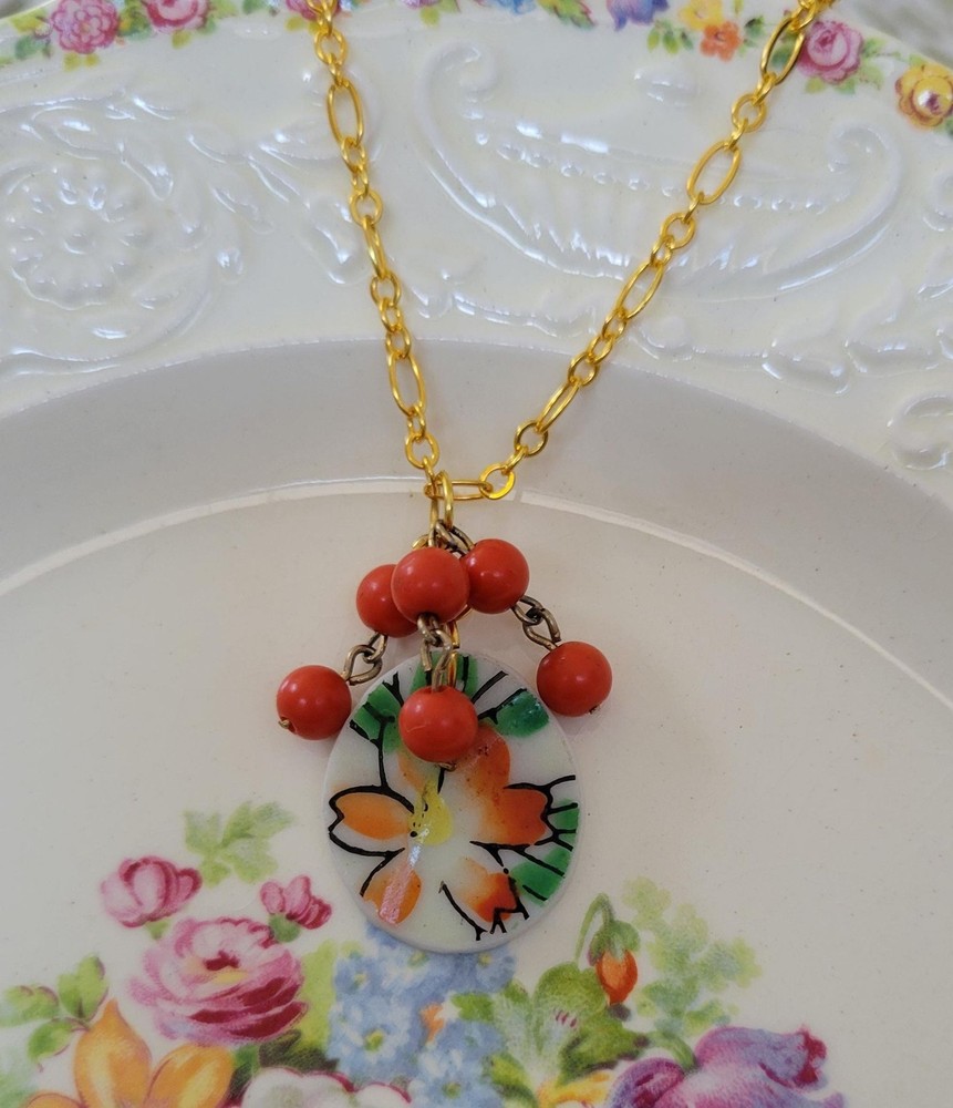 Broken China Orange Flower Beaded Pendant Necklace