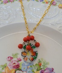 Broken China Orange Flower Beaded Pendant Necklace