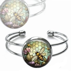Bee Bumblebee Faux Stained Glass Honeycomb Art Print Silver Cuff Bracelet