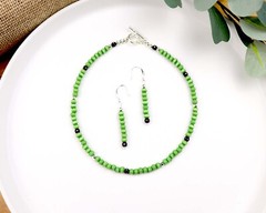 Green Tiger’s Eye Beaded Necklace, 925 Sterling Silver Drop Dangle Earrings