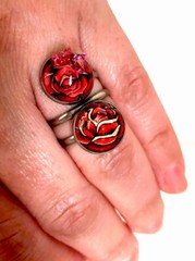 Handcrafted Art Resin Adjustable Open Ring Finger Wrap, Pink Butterfly Over Rose