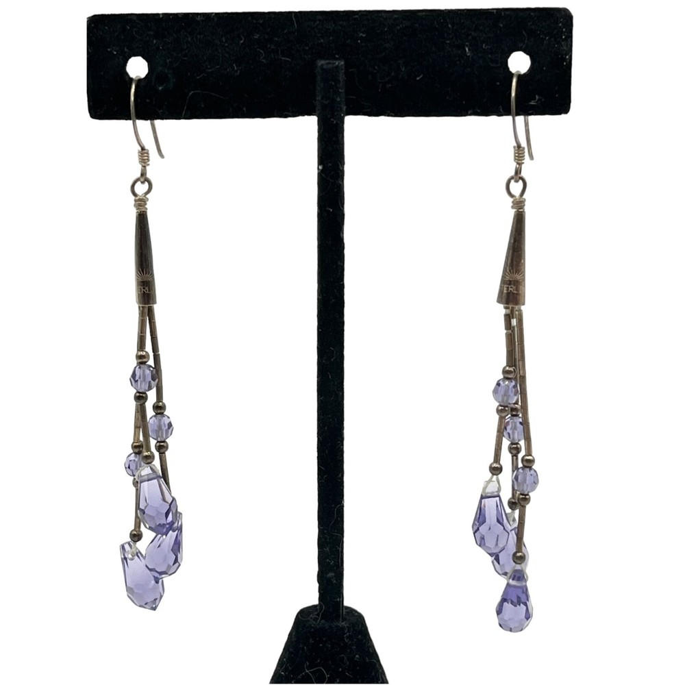 Handmade Chandelier Beaded Drop Earrings Purple Crystal Sterling Silver Hook