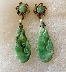 Earrings Bright Apple Green Jade Jadeite Fish or Flower Prosperity Post 1.75″