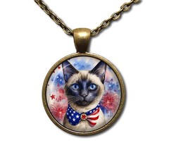 Patriotic Siamese Cat American Flag – Handmade ROUND Glass Pendant Necklace