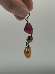 Artisan Brass Tone Dangle Earrings Pink Glass Beads Orange Accent Boho