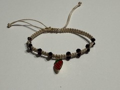 Handmade Adjustable Beaded Braided Bracelet, Strawberry Charm, Tie, Purple Beig…