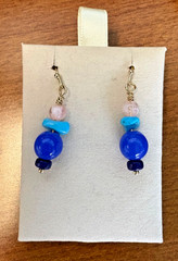 Lapis Lazuli (?), Turquoise, Rose Quartz (?) Gold Toned Stacked Dangle Earrings