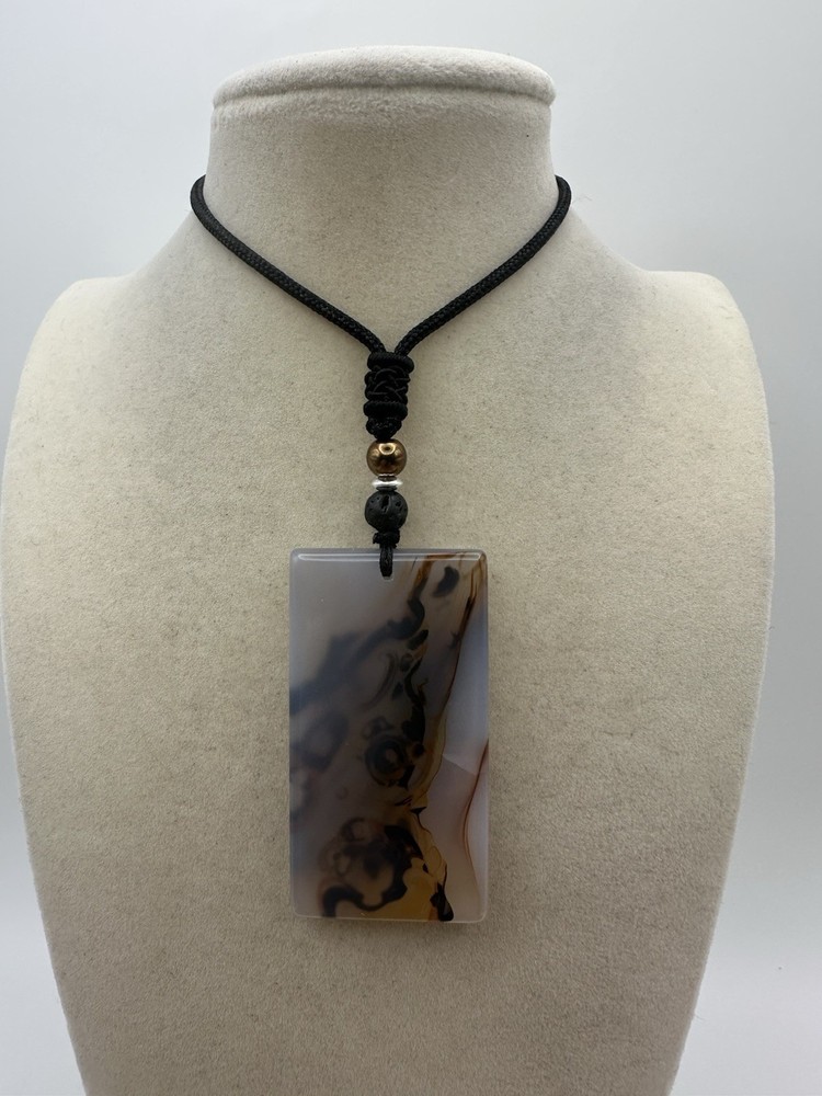 Plume Agate Pendant Necklace On Black Adjustable Rope Sterling Silver Hematite