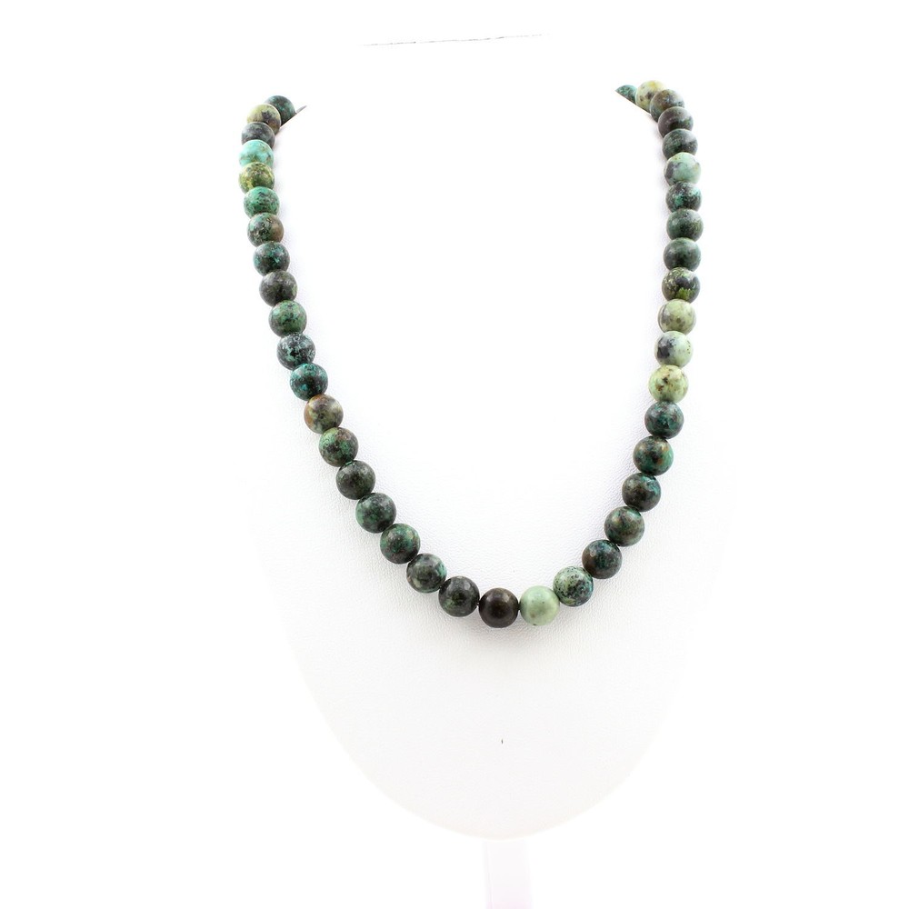 Turquoise African Pearl Necklace 8 Mm Stainless Steel Chain.