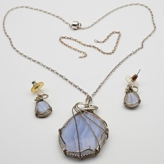 SS Blue Lace Agate Wire Wrapped Jewelry Necklace & Earrings Artisan Boho Silver