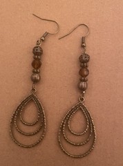 Hammered Bronze Tre-tier Oval Sphere w/ Crystal Bead French Wire Dangle Earrings