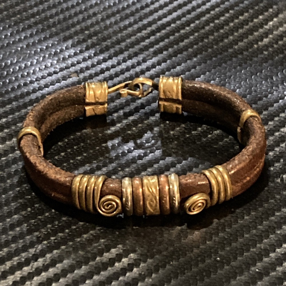 Vintage Artisan Boho Tribal Cuff Bracelet Leather Brass Copper Silver Freeform
