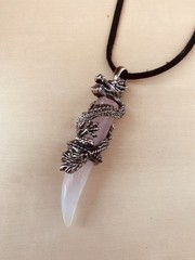 Rose quartz Dragon Tooth Pendant With Silver Dragon And Black Cord