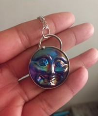 Vintage glass iridescent indigo blue Moon face necklace jewelry gothic luna