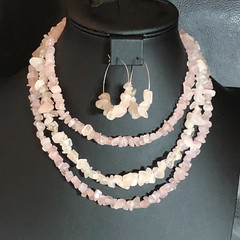 Natural Pink Rose Quartz Chip Nugget Gemstone Strand Necklace +Earrings Set 6144