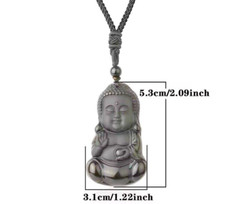 Black Obsidian Baby Buddha Necklace Amulet Pendant With Long Black Cord Chain