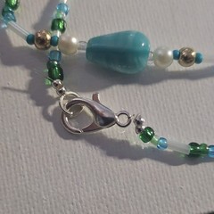 Beaded Necklace Blue Green White Glass Teardrop Pendant Lobster Clasp