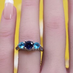 Size 6, vintage Sterling 925 silver handmade engagement ring sapphire and topaz