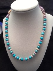 Sterling Silver Flower Sugilite & Round Turquoise Beaded Necklace 19”