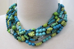 Multi-Strand Multicolored Faux Turquoise Plastic, Glass Beaded Necklace 16.5″