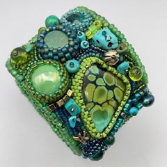 LARGE Beaded Turquoise Boho Cuff Bracelet Adjustable Statement Chunky Bracelet