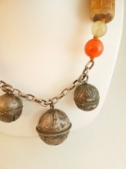 Artisan necklace silverplate bells carved wood beads Peking glass enameled clasp