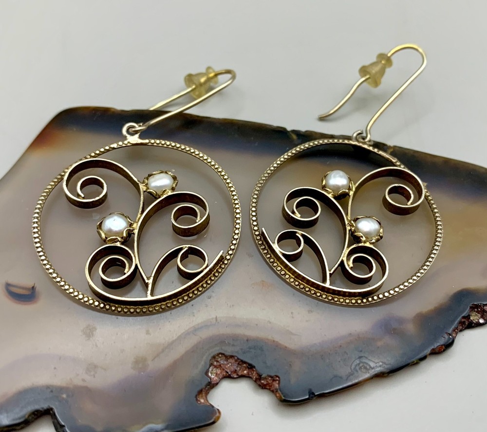 Artisan Crafted Gold Tone & Genuine Pearls Hoop Dangle Drop Earrings Scrollwork