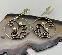 Artisan Crafted Gold Tone & Genuine Pearls Hoop Dangle Drop Earrings Scrollwork