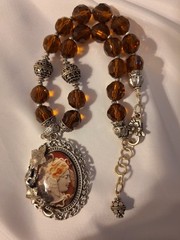 Silver Tone Handmade Necklace Clear Cabachon Over Faux Cameo Amber Color Stones