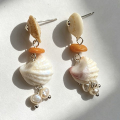 Handcrafted Shell Beaded Heart Dangle Earrings White Orange Beach Stud Silver