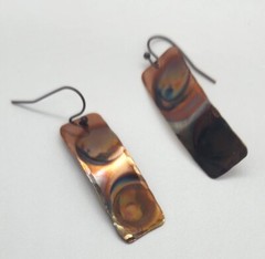 Handcrafted copper1.5 inch long rectangle flame painted earrings