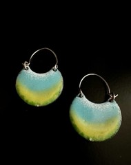 Fun Copper Enamel Hoop Earrings 925 Sterling Wires Green Yellow Artisan