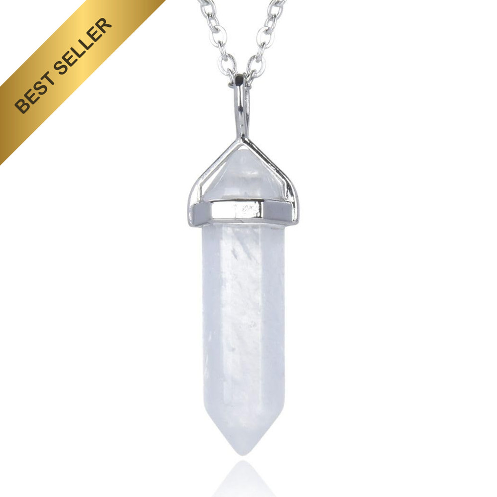 Natural Gemstone Bullet Pendant Necklace Quartz Crystal 18in Steel Chain Women