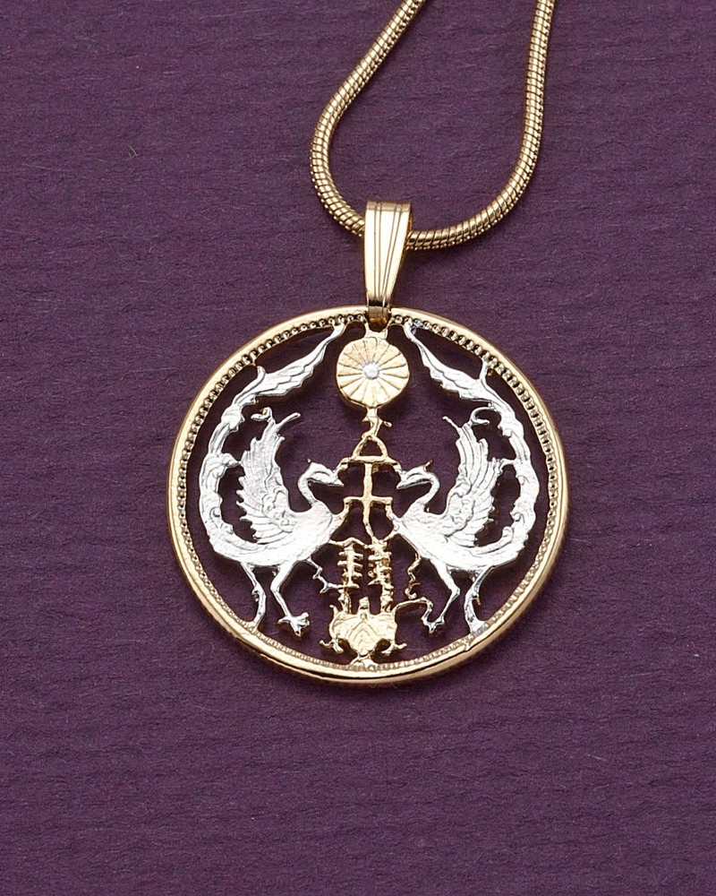 Japan Koyo Birds 50 Sen Coin Pendant Necklace. Hand cut 7/8″ diam. ( # 219 )
