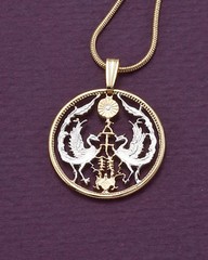 Japan Koyo Birds 50 Sen Coin Pendant Necklace. Hand cut 7/8″ diam. ( # 219 )