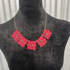 Bold Red Layered Flower Statement Necklace Gold Chain Glam Floral Jewelry