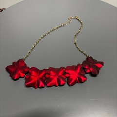 Bold Red Layered Flower Statement Necklace Gold Chain Glam Floral Jewelry
