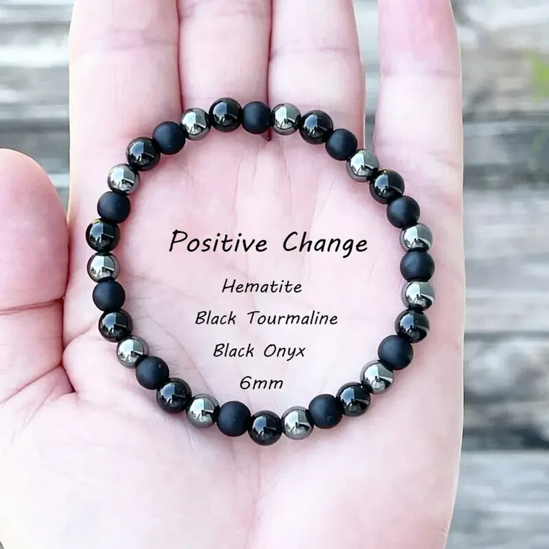 Natural Black Tourmaline Hematite Onyx Beads Healing Triple Protection Bracelet