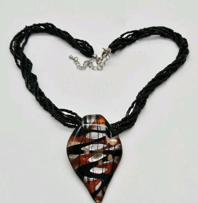 Murano Art Glass Necklace Pendant Black beaded layered Necklace twist Foil 21 in